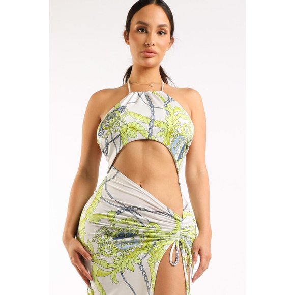 Women's Printed Halter Long Maxi Dress Strappy Sleeve Cut Out Front Sexy Cute - Picture 3 of 10